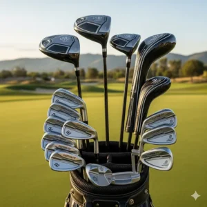 A complete set of custom-fitted golf clubs designed specifically for the unique needs of a tall male golfer.