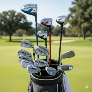 A complete golf bag filled with a full set of the best golf clubs for seniors, including a driver, fairway woods, hybrids, irons, wedges, and a putter.