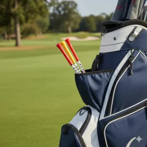 Colorful golf alignment sticks securely stored in the side pocket of the golf bag.