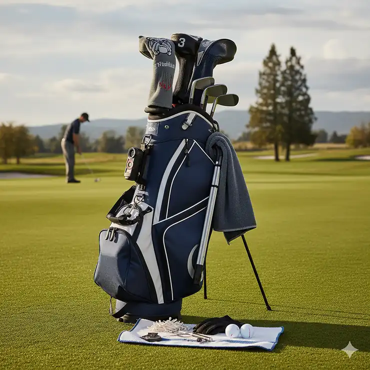A collection of golf bag accessories and essential gear, including tees, divot tools, and a towel, neatly arranged on a green.