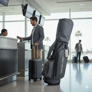 A golfer checking in a top rated golf travel bag at an airport, illustrating a common use case.