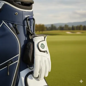 Heavy-duty carabiner clip attached to a golf bag, used for securing gloves and other small golf bag accessories.