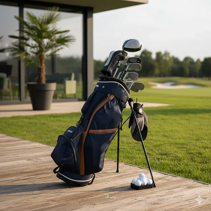 A professional photograph of a **golf bag holder** securely storing a full set of golf clubs on a patio.