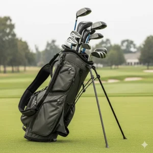 A professional-looking golf stand bag in a neutral color, with a full set of left-handed clubs organized within it, demonstrating the convenience of a carry bag.