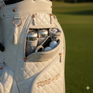 Close-up view of the insulated cooler pocket and ample storage on a new women's golf bag.