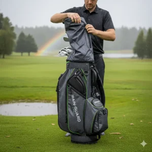 A golfer attaching the included waterproof rain hood to their golf bag for maximum protection.