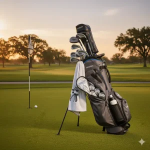 Golf bag with cooler on the green, next to a flag, highlighting its utility and convenience during a sunny day of golf.