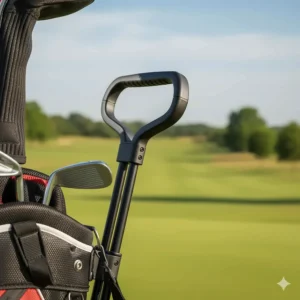 A detailed view of a wheeled golf bag's retractable handle, highlighting its ergonomic design for comfortable pulling.