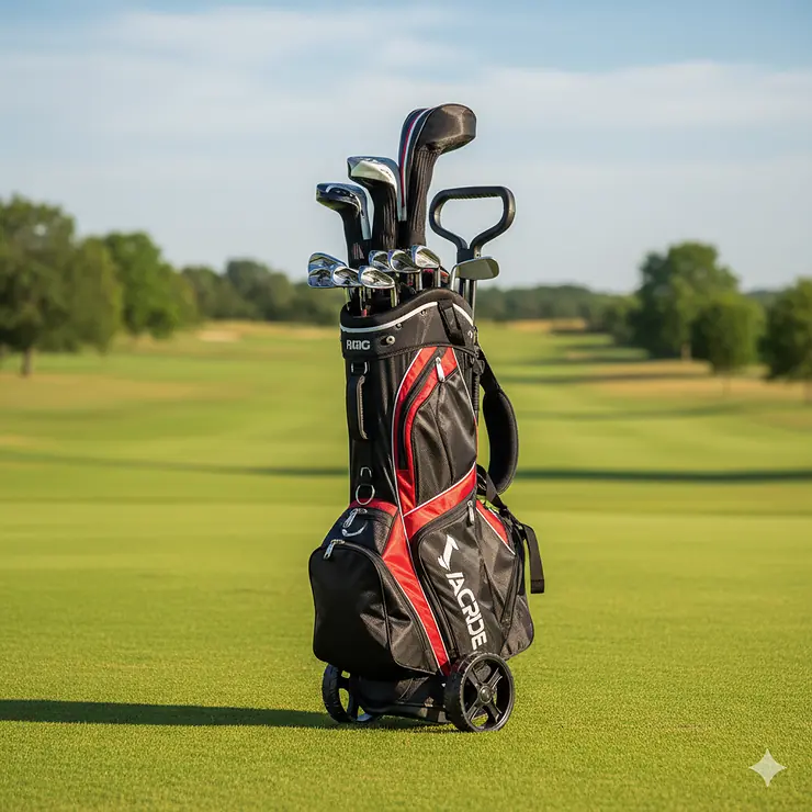 A full-body shot of a black and red golf bag with wheels, standing upright on a golf course, ready for use.