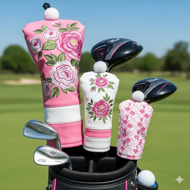 A stylish set of three golf club covers for ladies, featuring a mix of pink, white, and floral designs, positioned on a golf bag with an iron and driver visible.