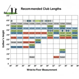 A visual chart showing recommended golf club lengths based on a male golfer's height and wrist-to-floor measurement.