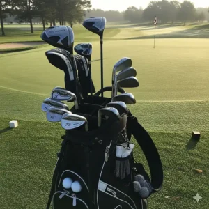 A full set of golf clubs for intermediate players in a stylish golf bag, ready for a round on the course.