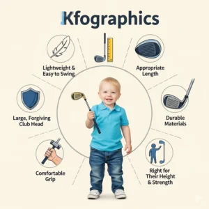 An infographic illustrating the key features to look for when reviewing golf clubs for toddlers, aged around 3 years old.