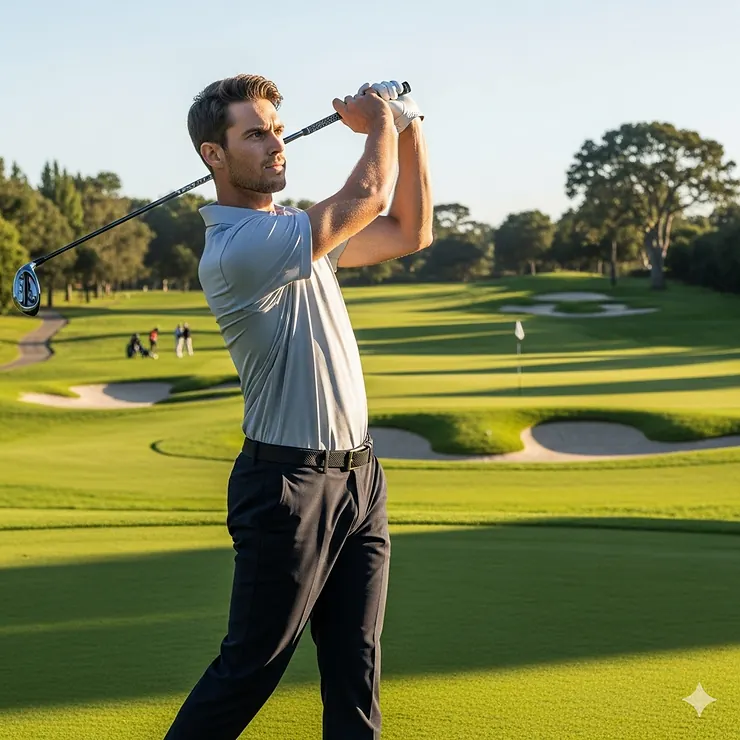 A tall man with long arms swinging a custom-fitted golf club on a professional golf course.