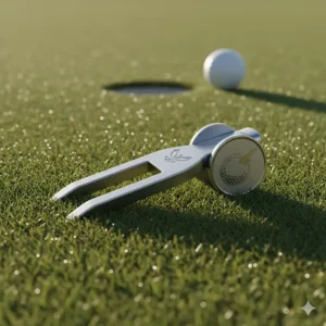 A custom metal divot tool and ball marker set, essential maintenance accessories for golf greens.