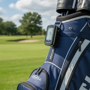 A handy golf GPS or rangefinder device clipped onto a golf bag for quick access to yardage.