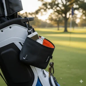 Durable carabiner clip detail on the golf valuables pouch, perfect for attaching to any golf bag or cart.