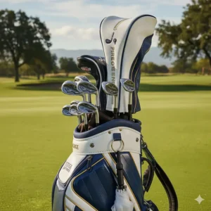 Detail shot of the 9-way top divider system on a high-quality golf staff bag, keeping clubs organized.