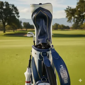 Image of the heavily padded, three-point carrying strap and handle on a premium golf staff bag for easy transport.