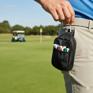 Golfer wearing a lightweight golf tee bag secured to their belt loop for easy access to golf essentials during play.