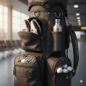 A detailed view of a golf travel bag with multiple exterior pockets for storing shoes, balls, and accessories.