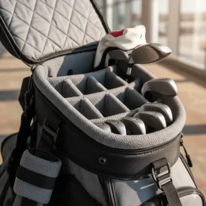 An interior shot of a golf travel bag showing the thick padding around the club heads and shafts for superior protection.