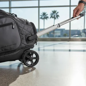 Detail shot of the durable wheels and handle on one of the top rated golf travel bags, showing easy maneuverability.