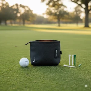 Comparing the size of the compact golf valuables pouch to a standard golf ball and tees.