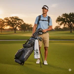 Golfer carrying the lightweight golf bag with cooler using the comfortable, padded dual shoulder strap system.