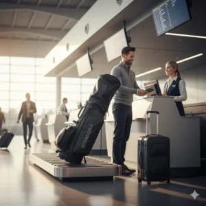 A golfer checking a large golf travel bag as luggage at an airline counter, highlighting its suitability for air travel.