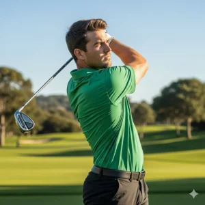 An athletic golfer in a green polo executing a smooth swing, showcasing the shirt's flexibility and comfort.