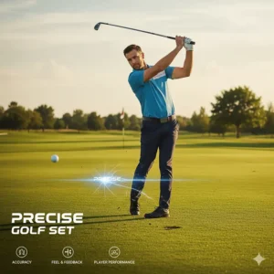 A golfer swinging a club from a precise golf set on the fairway, demonstrating the accuracy and feel of the clubs during play.
