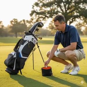 A golfer retrieving their ball marker from the convenient golf valuables pouch while standing on the green.