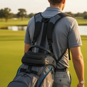 Close-up of a golfer's back showing the comfortable, adjustable shoulder straps and hip padding of a backpack golf bag.