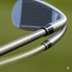 A close-up of a graphite shaft on a women's golf iron, emphasizing its lightweight and flexible properties.