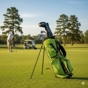 A vibrant green golf bag stands on a sunny golf course, with golf clubs peeking out, ready for a round.
