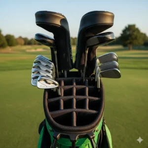 An overhead view showing the organized club dividers inside a green golf bag, protecting the shafts.