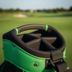 Close-up shot of a durable, padded handle on a green golf bag, showing the high-quality stitching.