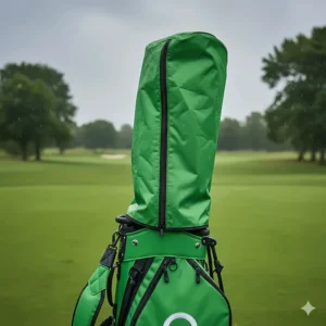 A green golf bag with its protective rain hood attached, ready to shield clubs from a sudden downpour.