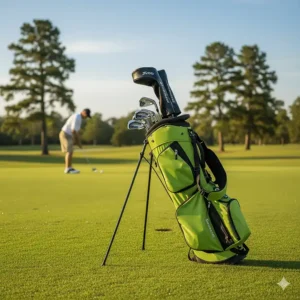 A self-standing green golf bag with its legs extended, stable and upright on the grass.