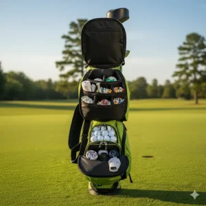 A view of a green golf bag with multiple zippered pockets open, demonstrating ample storage space for balls, tees, and accessories.