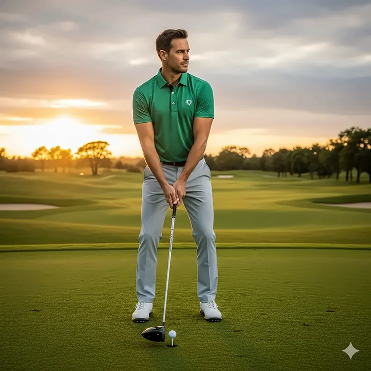 A man wearing a stylish green golf polo shirt stands on a golf course, ready to tee off.