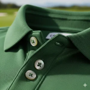 Close-up shot of the ribbed collar and button placket on a high-quality green golf polo.