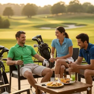 A lifestyle shot of friends relaxing after a round of golf, with one person wearing a vibrant green polo.