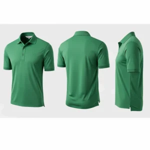 A carousel-style image showing the front, back, and side views of a solid green golf polo shirt.