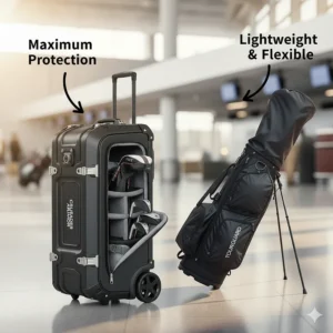 A side-by-side comparison of a hard case versus a soft-sided golf travel bag, illustrating the different types available for travel.