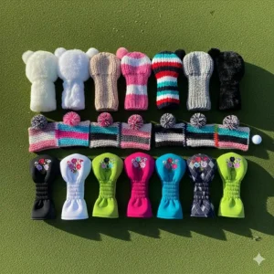 A top-down view of various headcovers for ladies golf clubs, showing a mix of materials like faux fur, knit, and neoprene.