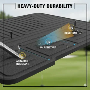 Diagram illustrating the heavy-duty rubber mat's durability, showing it is resistant to tears, UV rays, and abrasion from golf shoes.