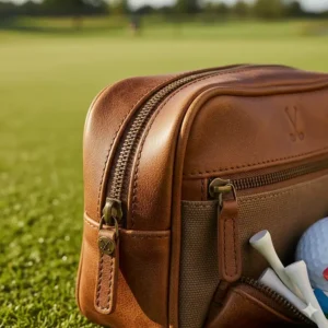 Detail view of the durable, heavy-duty zipper and pull on a premium leather golf tee bag.
