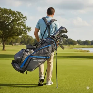 A photo of a golfer comfortably carrying a lightweight hybrid golf bag using its padded, dual-strap system, emphasizing its ergonomic design for walking the course.